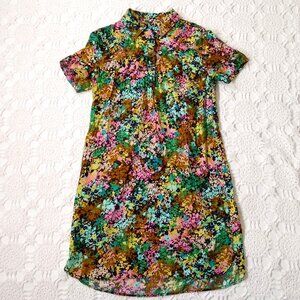 J. Crew Shirt Dress 100% Silk Floral Multicolor Shift Above Knee Length 2 Women